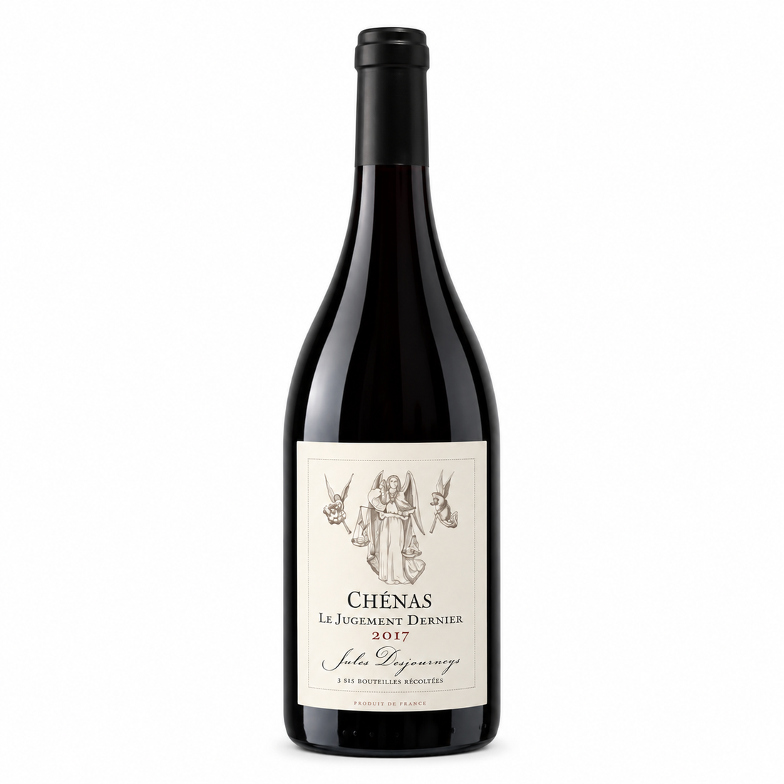 Bottiglia di vino rosso Jules Desjourneys Morgon 2017 in primo piano, elegante e pregiato