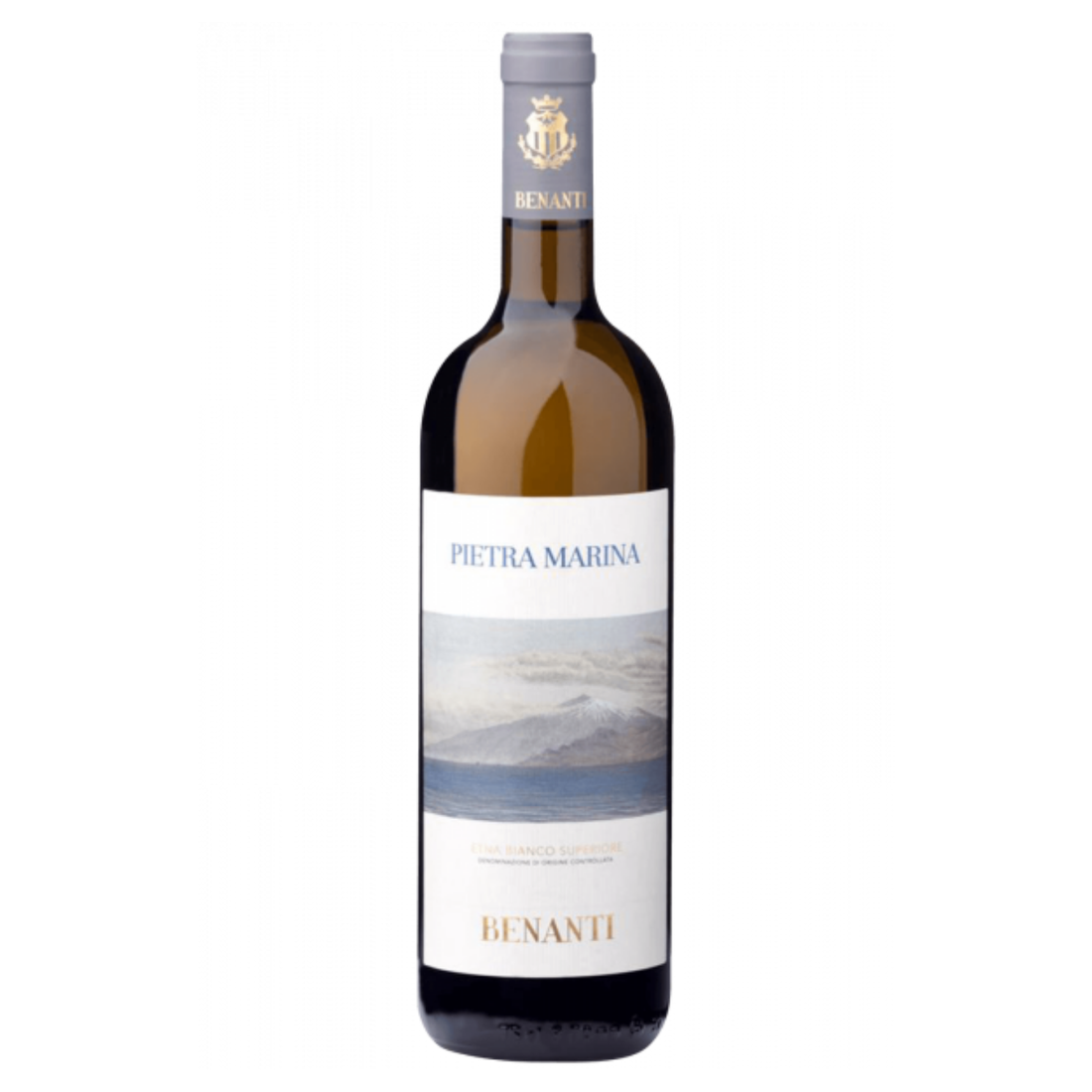 Bottiglia di vino bianco Benanti Pietramarina Etna Bianco Superiore 2021 in primo piano.