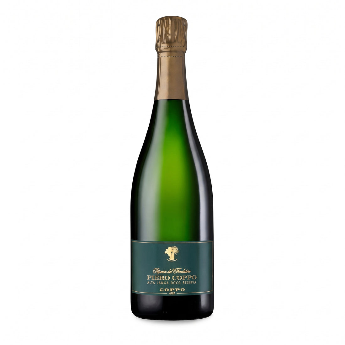 Bottiglia di spumante Piero Coppo Riserva del Fondatore 2004 sbocc.2012 in primo piano, Alta Langa DOCG.