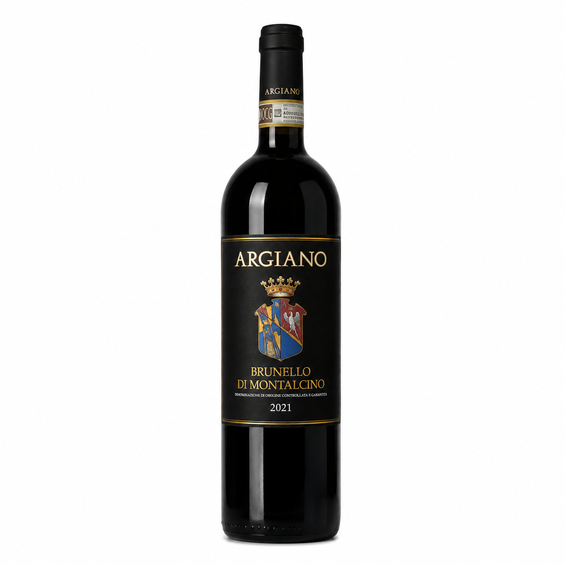 Bottiglia di vino rosso Argiano Brunello di Montalcino 2021 in primo piano su sfondo bianco
