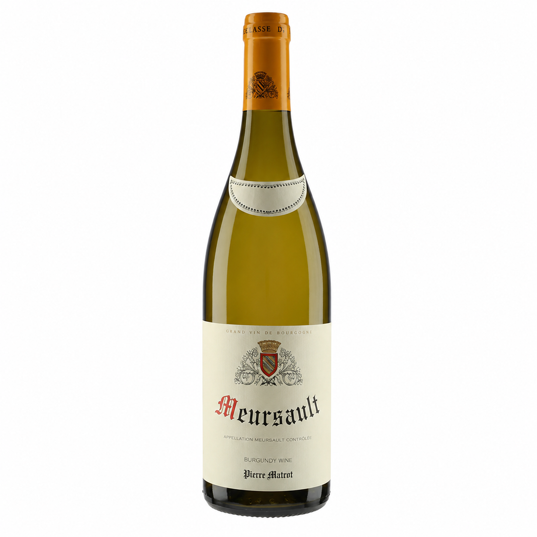 Bottiglia di vino bianco Matrot Meursault 2024 in primo piano, un&