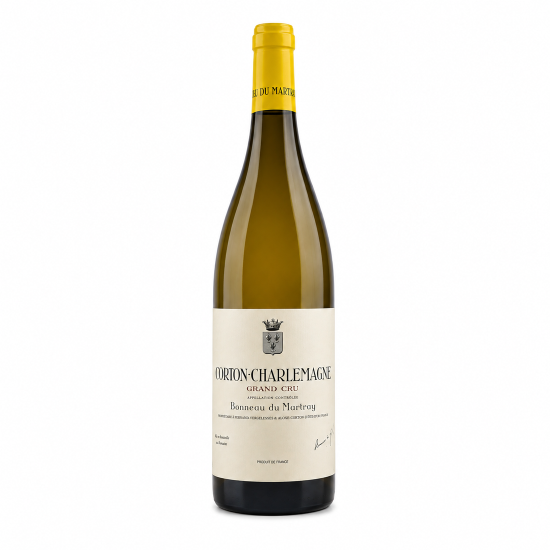 Bottiglia di vino bianco Bonneau Du Martr Corton Charlemagne Grand Cru 2022 in primo piano