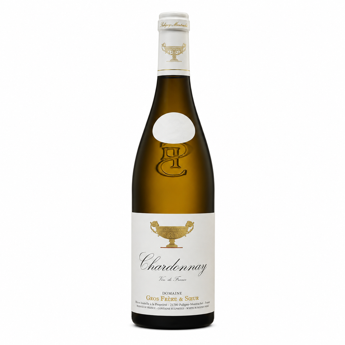 Bottiglia di vino bianco Domaine Gros Frère et Soeur Chardonnay Vin de France 2023 in primo piano