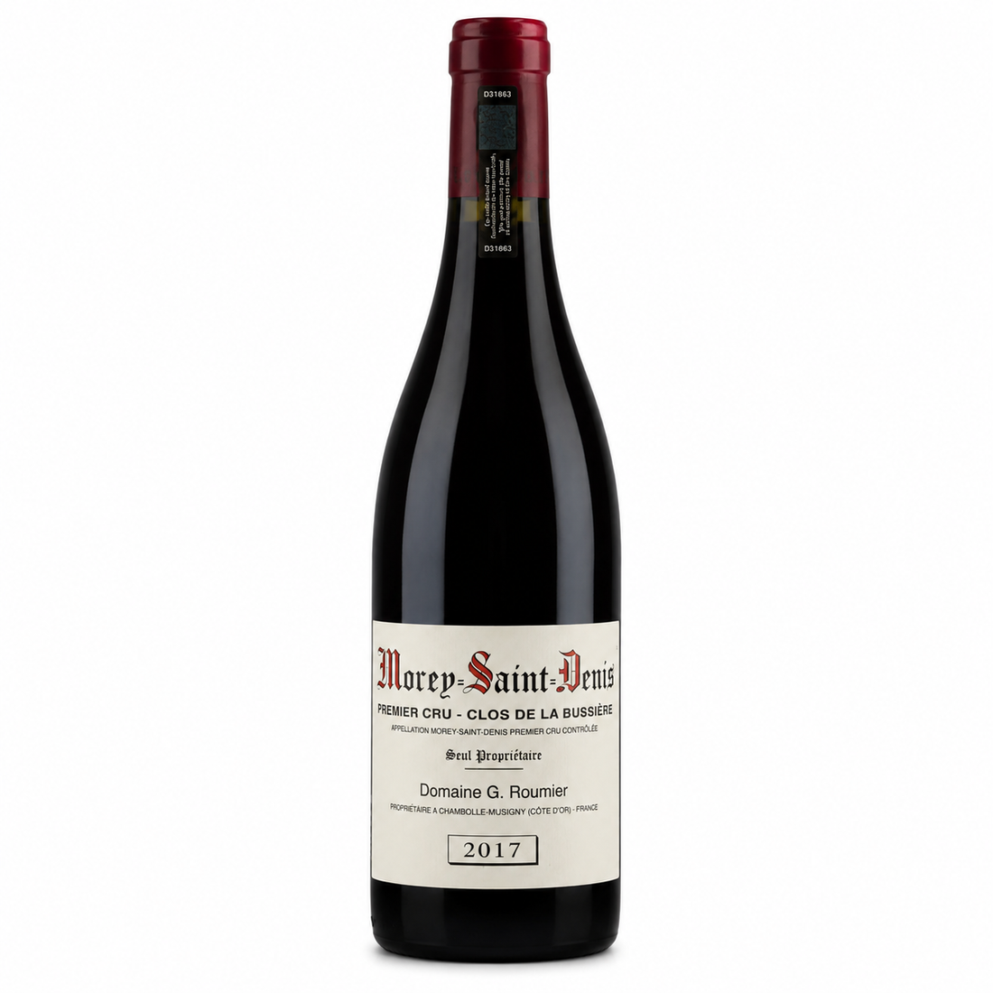 Bottiglia di vino rosso Georges Roumier Morey St. Denis Premier Cru Clos de la Busserie 2017 in primo piano