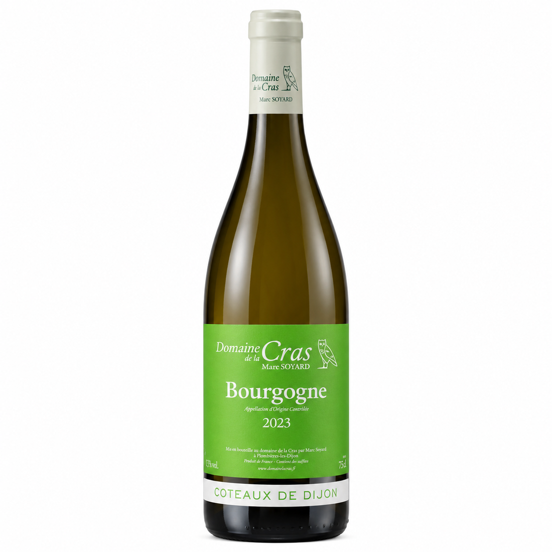 Bottiglia di vino bianco Bourgogne blanc 2023 Domaine de la Cras Marc Soyard in primo piano
