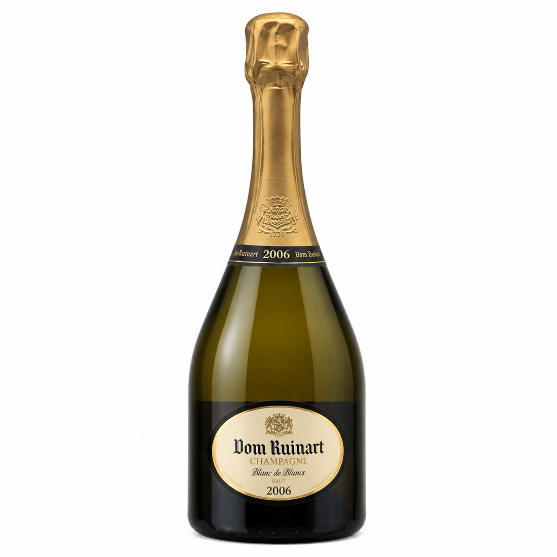Bottiglia di champagne Dom Ruinart Brut Blanc de Blancs 2006 con astuccio di Ruinart.