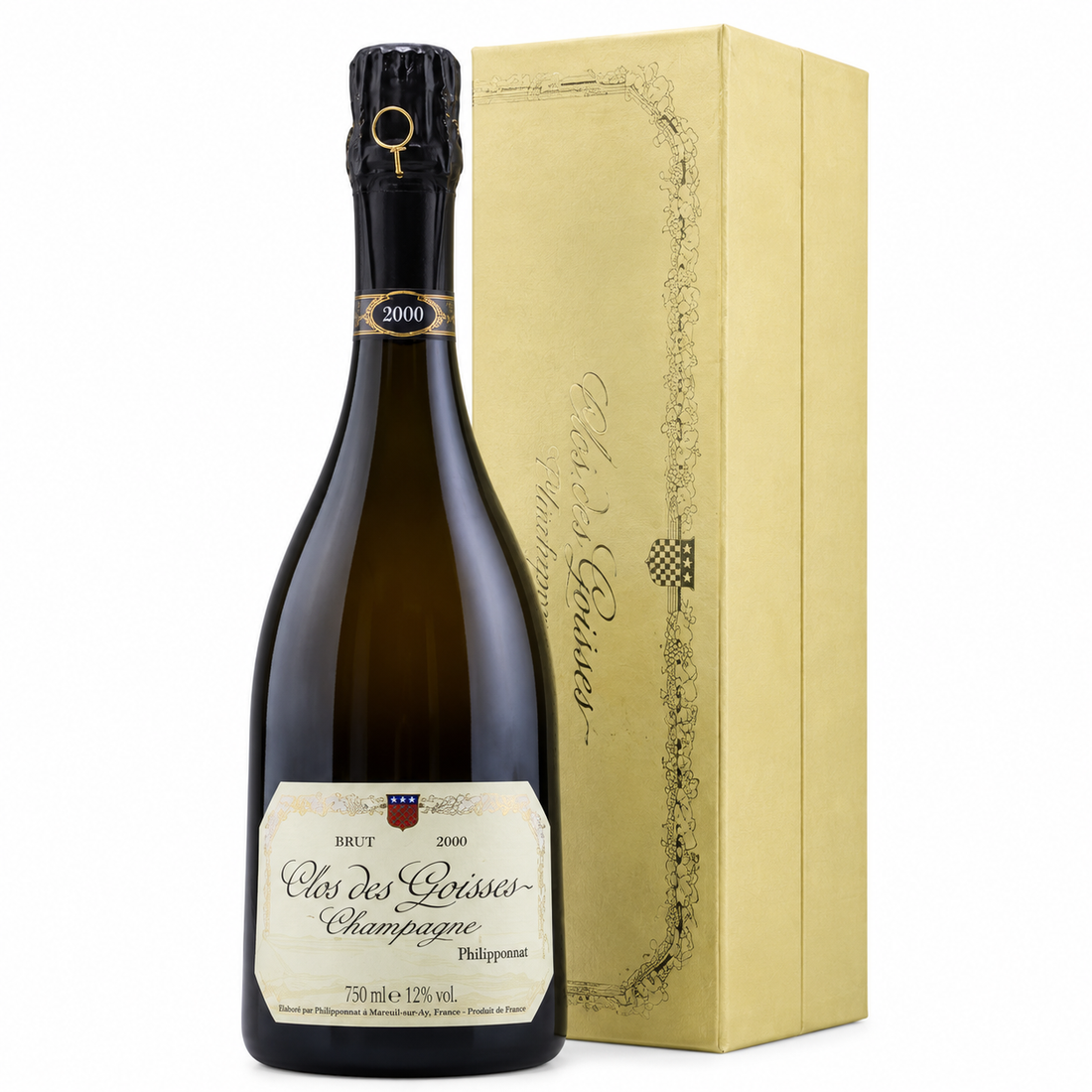 Bottiglia di champagne Philipponnat Clos des Goisses 2000 con astuccio, bollicine di pregio.