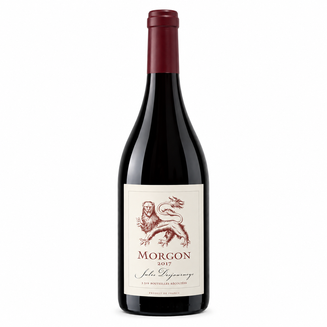 Bottiglia di vino rosso Jules Desjourneys Morgon 2017, elegante etichetta su sfondo bianco