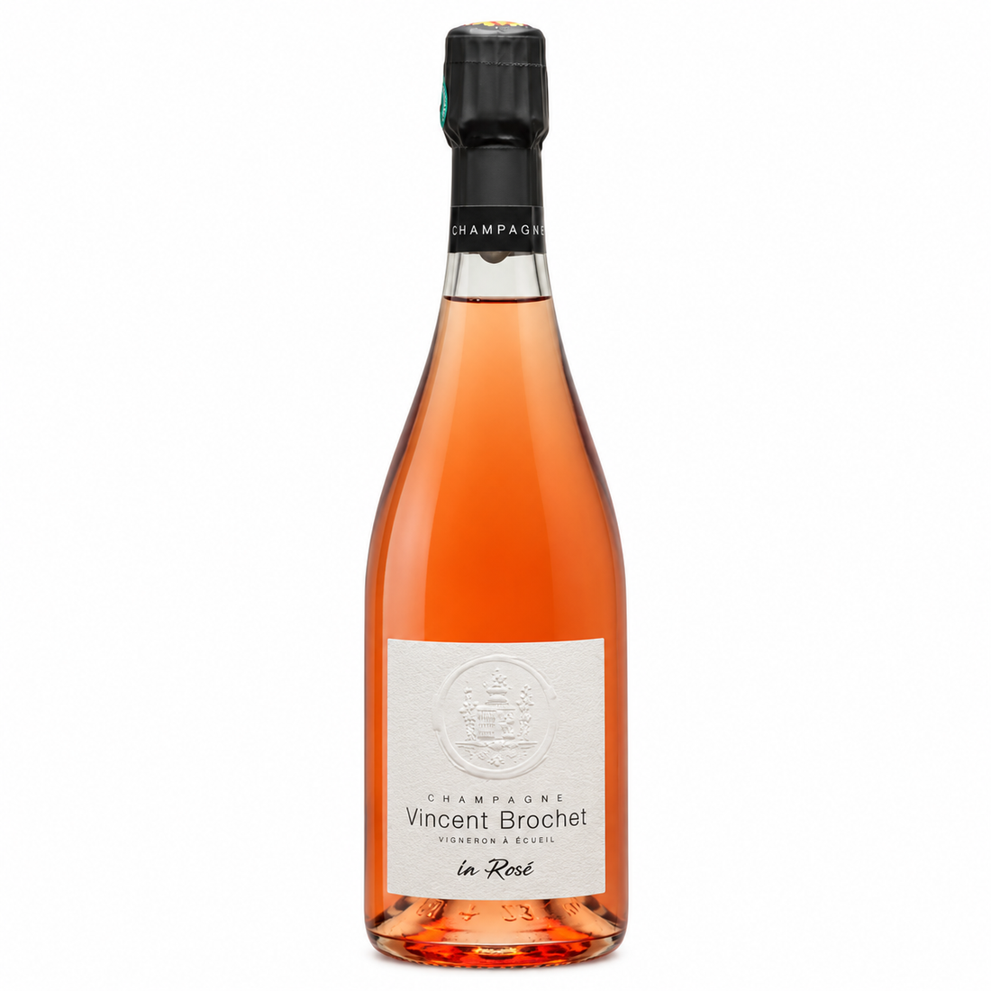 Bottiglia di Champagne Vincent Brochet La Rosé, bollicine della Montagne de Reims dal colore rosa luminoso.
