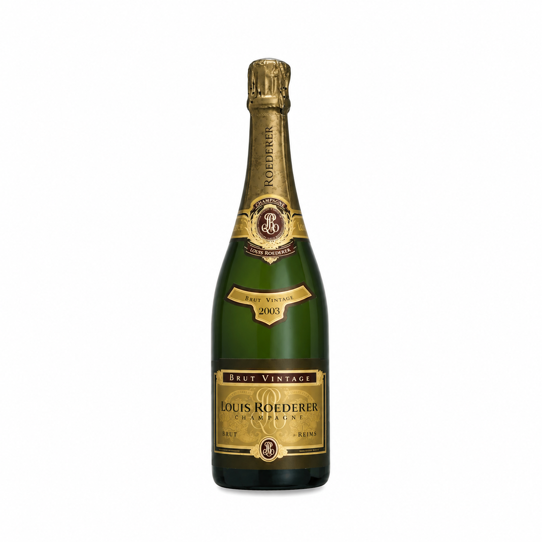 Bottiglia di Champagne Louis Roederer Brut Vintage 2003 con la sua elegante confezione regalo box