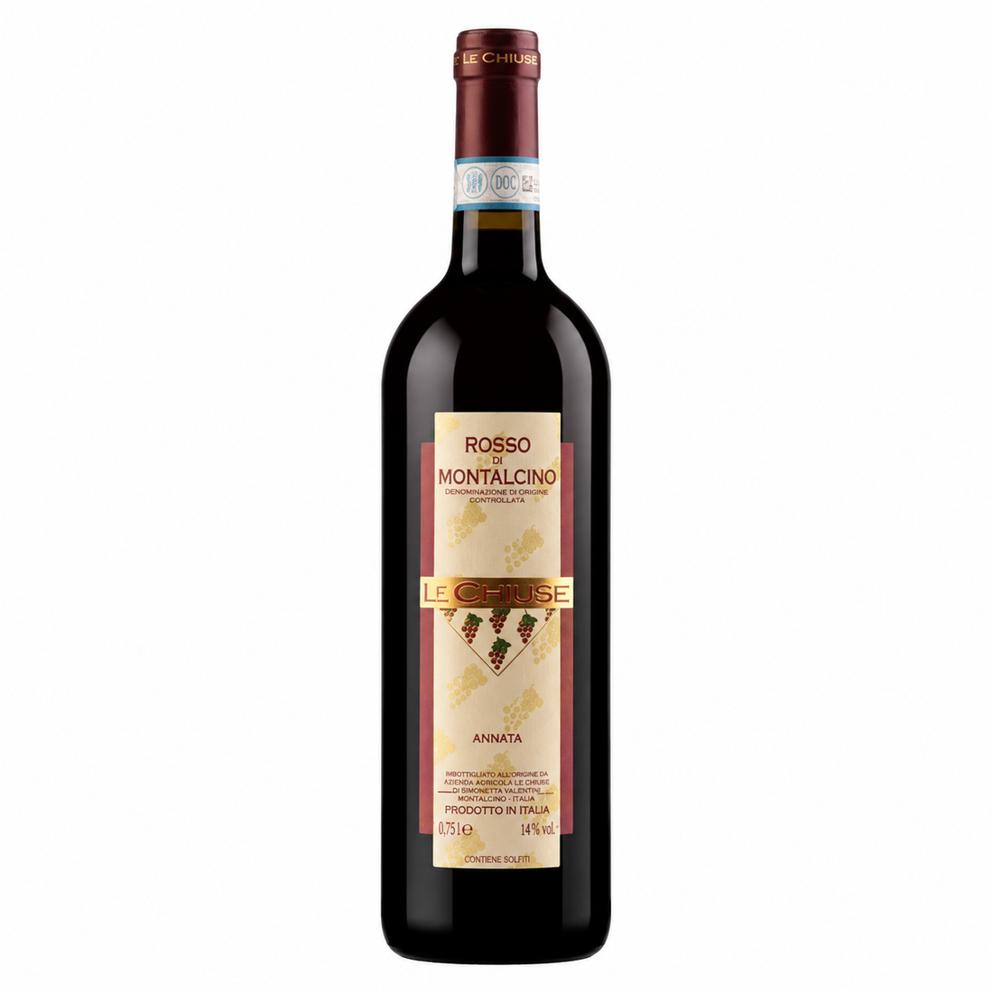 Bottiglia di vino rosso toscano Rosso di Montalcino Le Chiuse 2024 in primo piano su sfondo bianco.