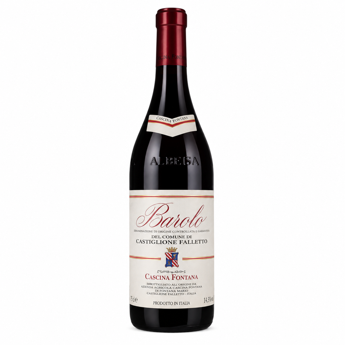 Bottiglia di vino rosso Cascina Fontana Castiglione Falletto Barolo 2015 in primo piano
