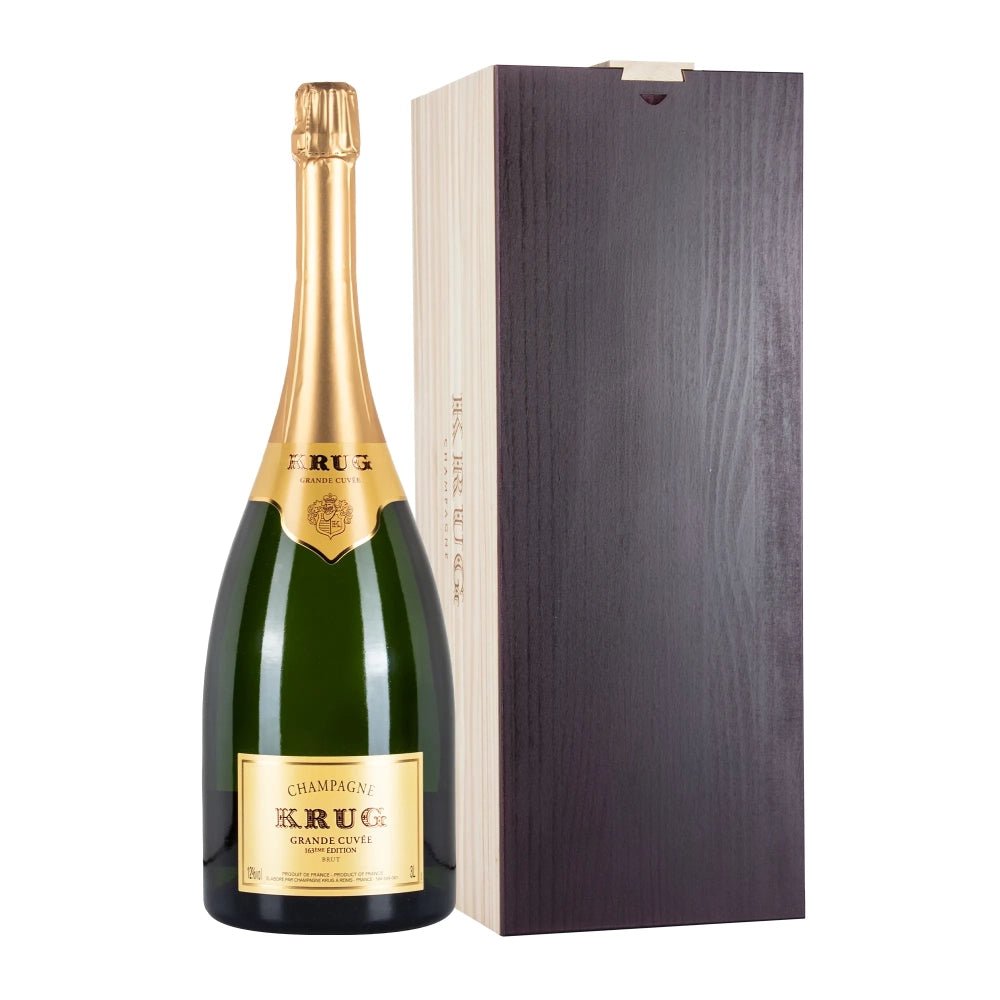Bottiglia di Champagne Krug Grande Cuvée 163 Edition Jeroboam da 3L con la sua scatola in legno.