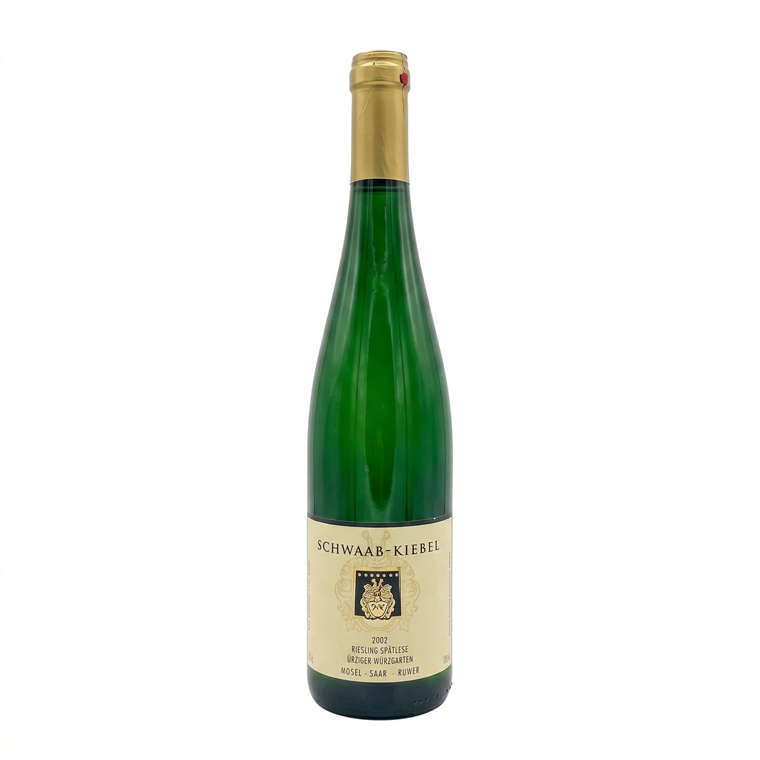 Bottiglia di vino bianco Schwaab-Kiebel Riesling Wurzgarten Riesling Qba 2014 in primo piano