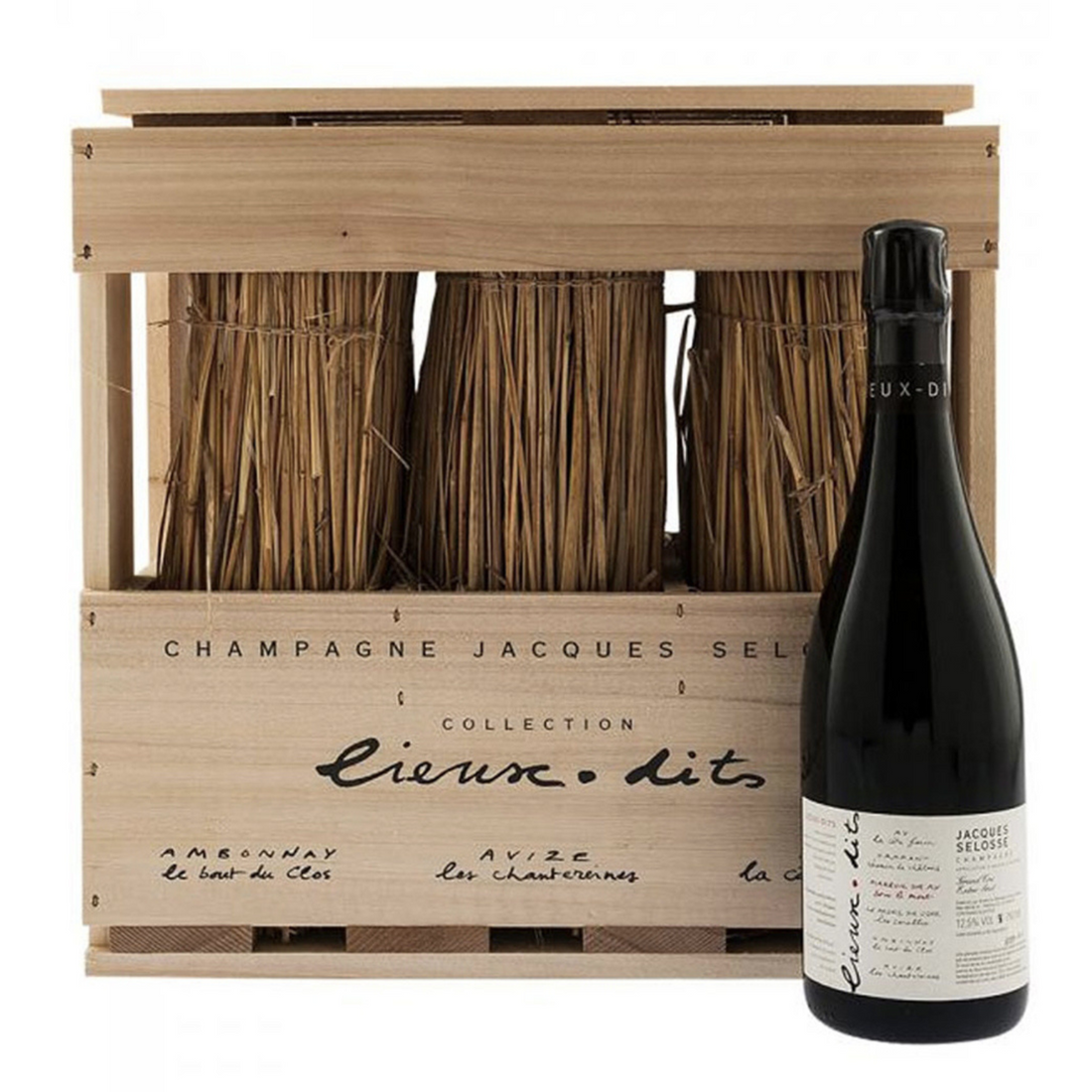 Cassa in legno Jacques Selosse 6 Lieux-Dits Grand Cru contenente sei rare bottiglie di Champagne.