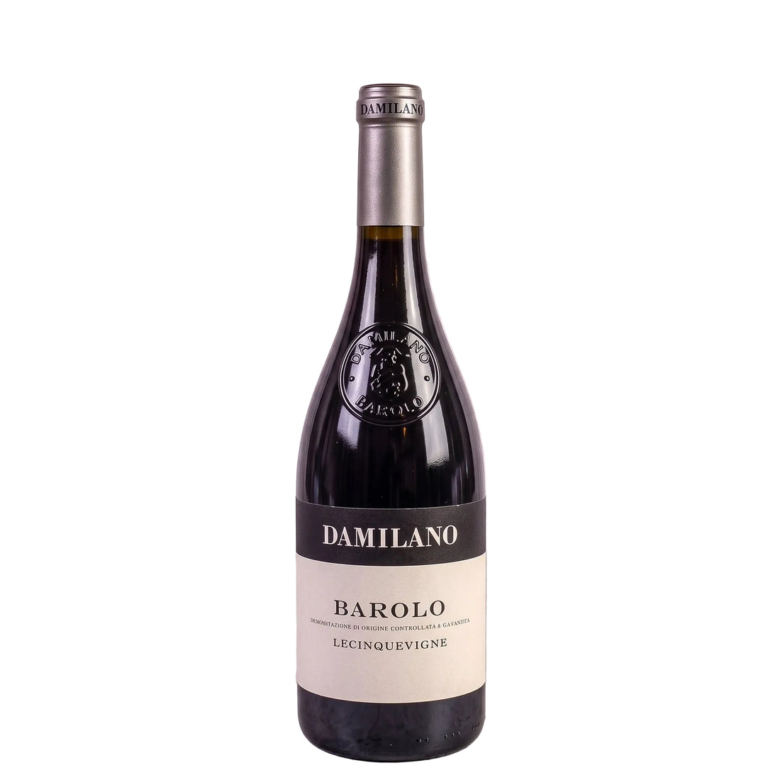 Bottiglia di Barolo Damilano Lecinquevigne 2021, prestigioso vino rosso in primo piano.