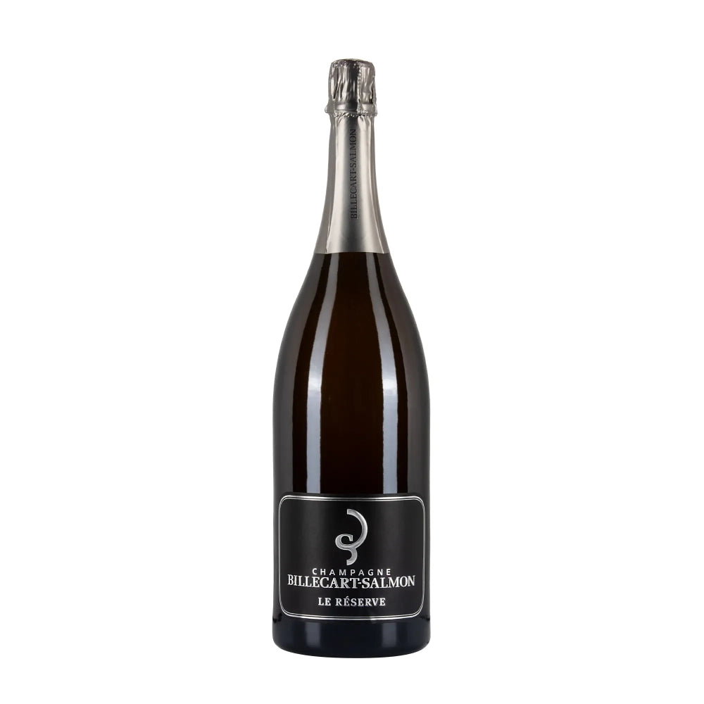 Bottiglia di Champagne Billecart-Salmon Le Réserve Jeroboam da 3 litri per viticoltura sostenibile.
