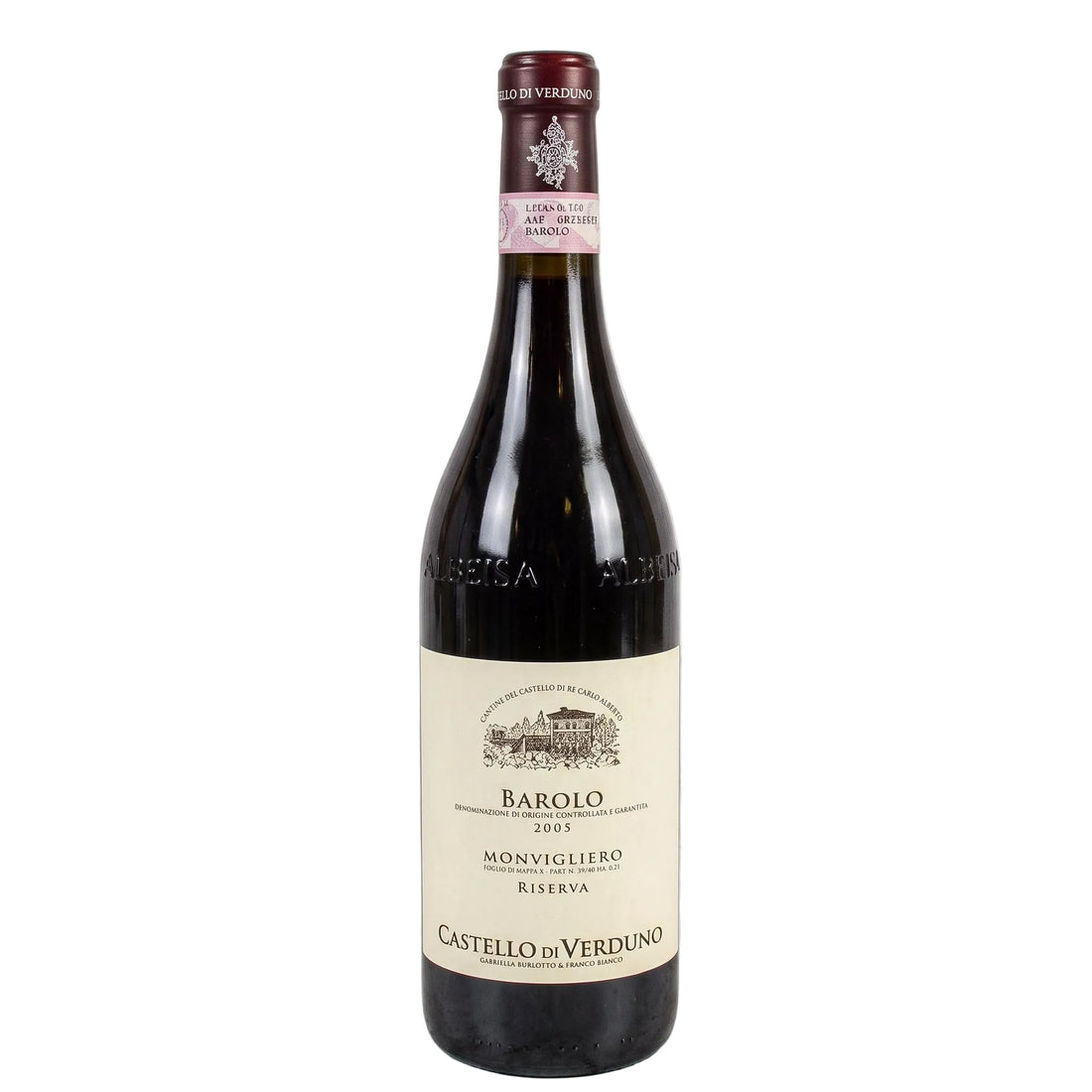 Bottiglia di vino rosso Castello di Verduno Barolo Monvigliero Riserva 2017 in primo piano.