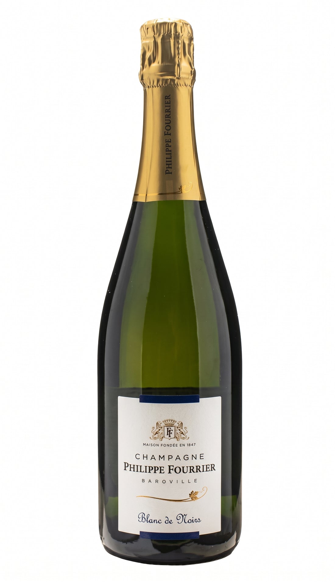 Bottiglia di Philippe Fourrier Champagne Blanc de Noirs di Carta dei Vini, in primo piano su sfondo bianco