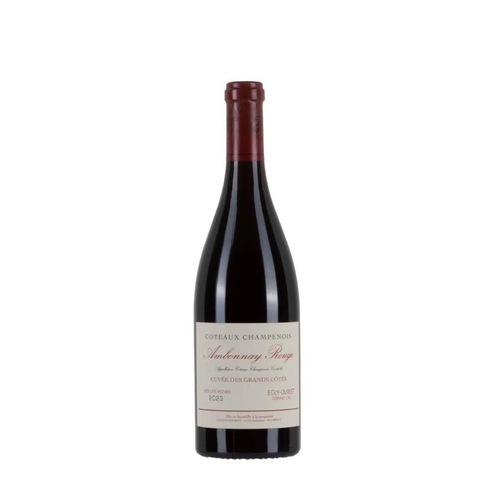 Bottiglia di Egly Ouriet Coteaux Champenois Ambonnay Rouge 2023, vino rosso Pinot Noir della Champagne.