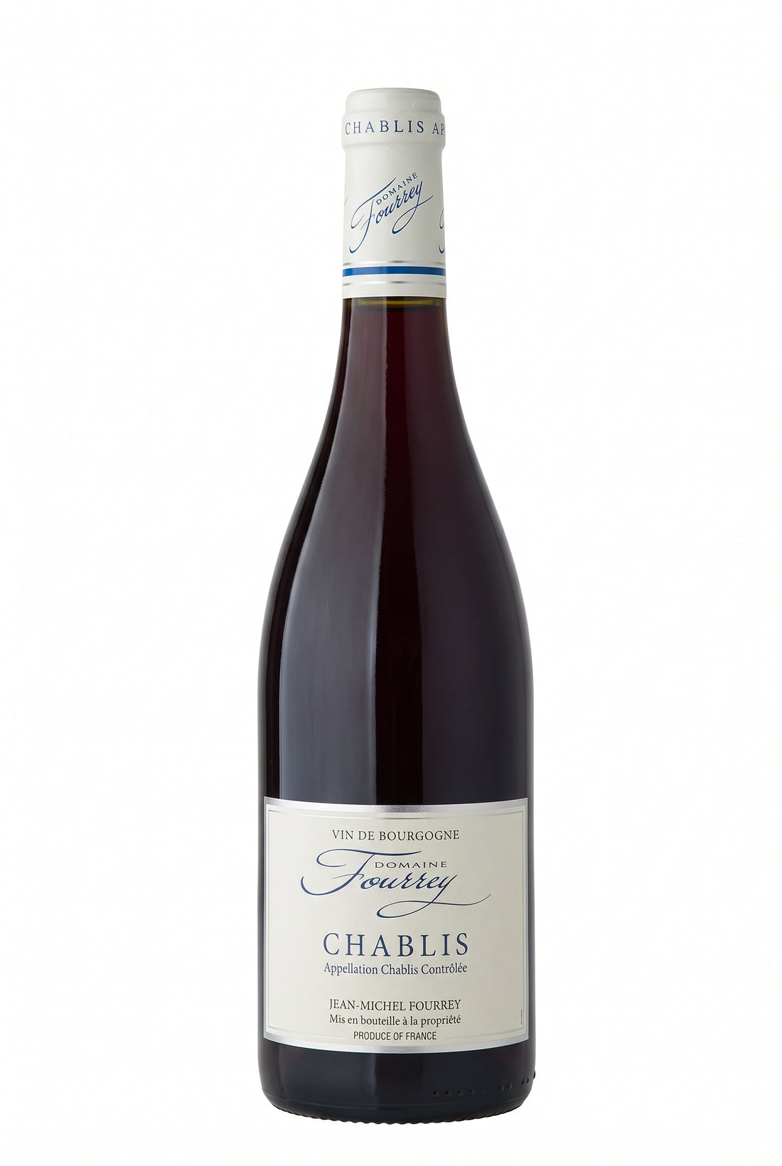 Bottiglia di vino bianco Domaine Fourrey Chablis 2025 in primo piano, con etichetta chiara.