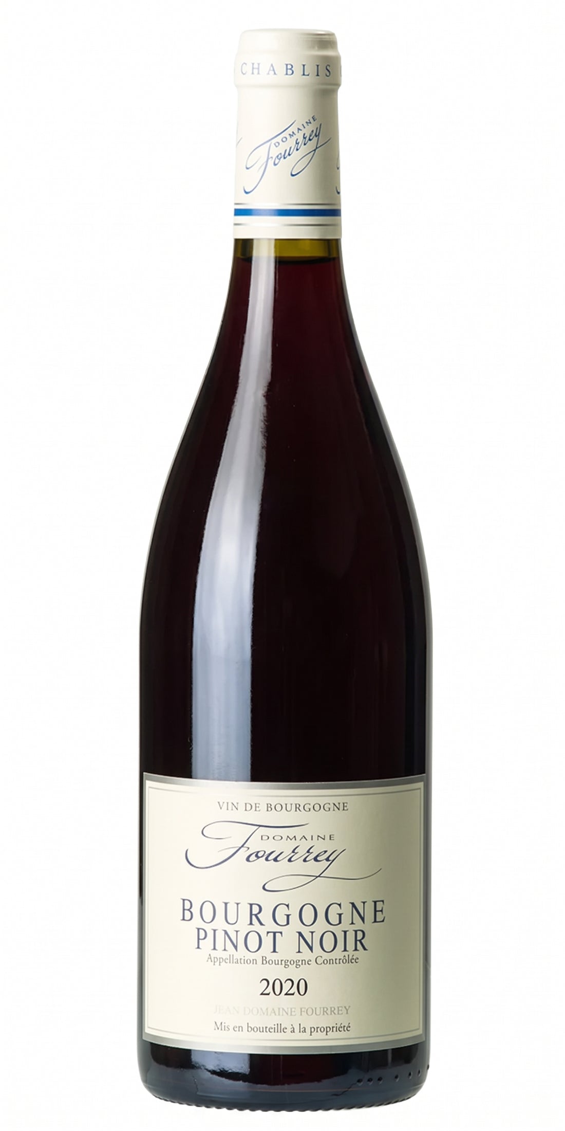 Bottiglia di vino rosso Domaine Fourrey Bourgogne Pinot Noir 2023, foto principale su sfondo bianco