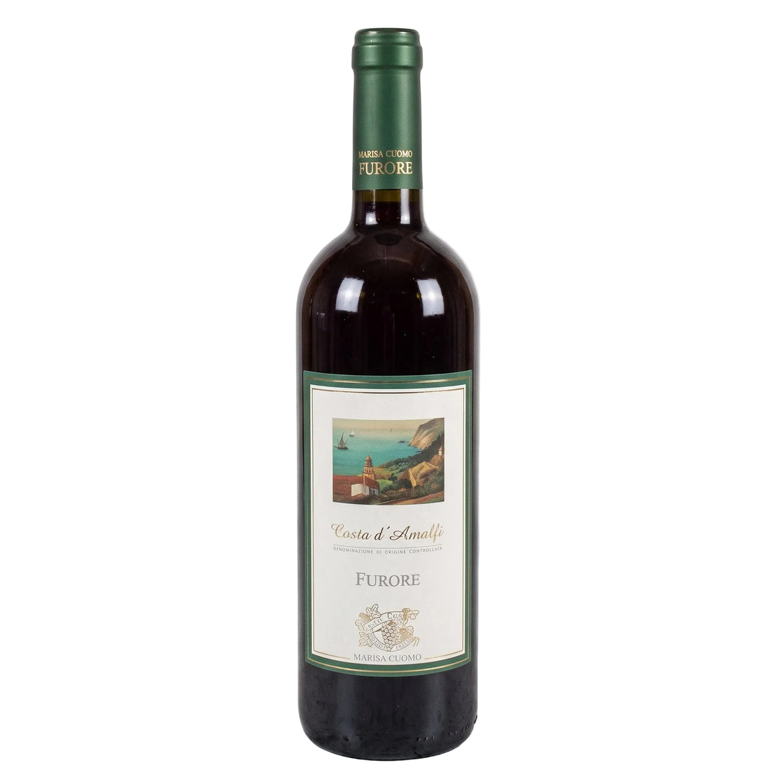 Bottiglia di vino bianco Furore Bianco 2023 di Marisa Cuomo, in primo piano su sfondo bianco.