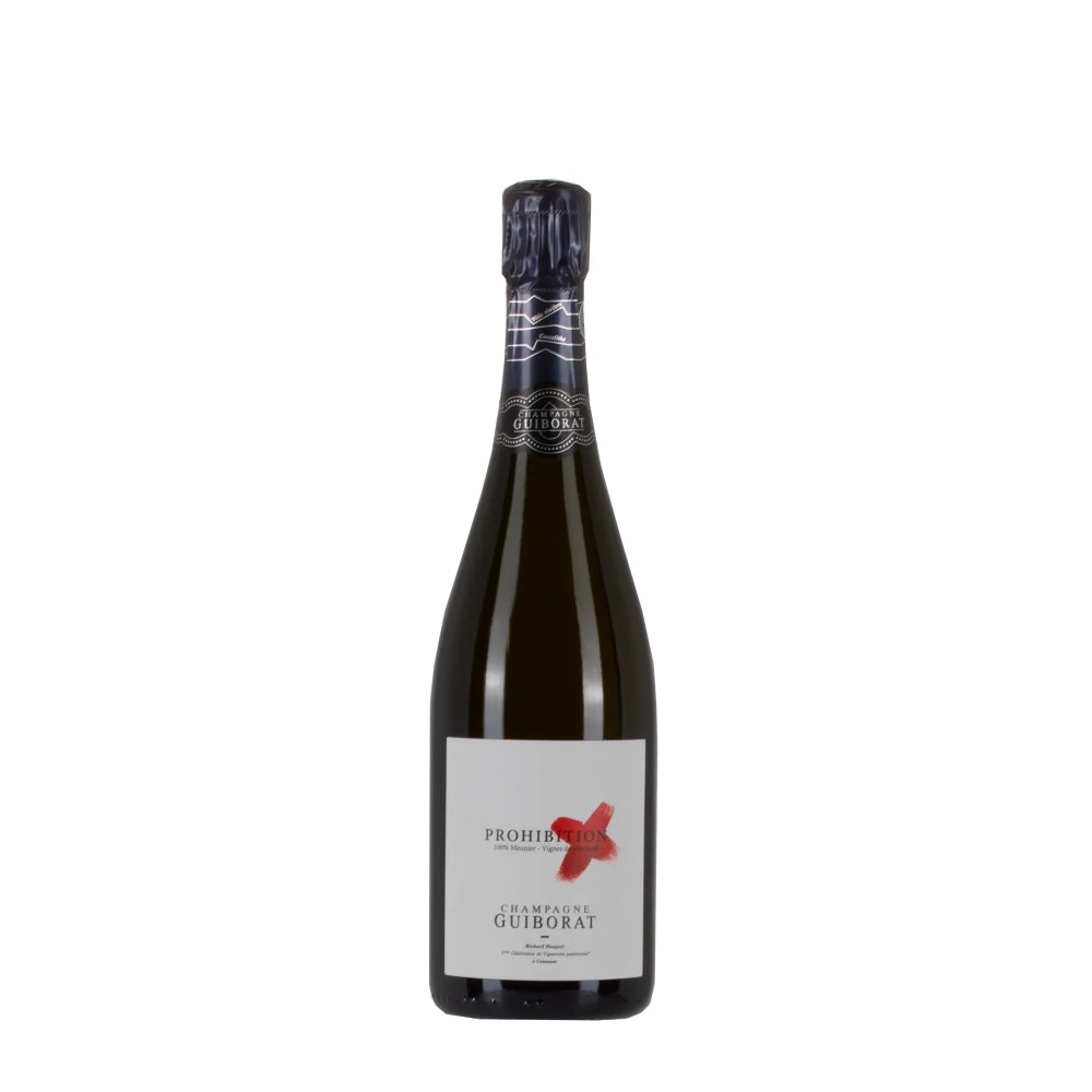 Bottiglia di Champagne Guiborat Prohibition Extra Brut, 100% Meunier della Côte des Blancs.