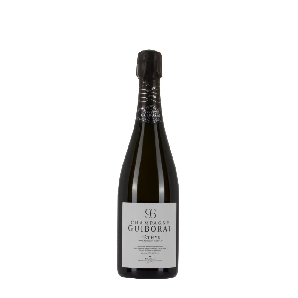 Bottiglia di champagne Guiborat Téthys 22, spumante Chardonnay da viticoltura sostenibile.