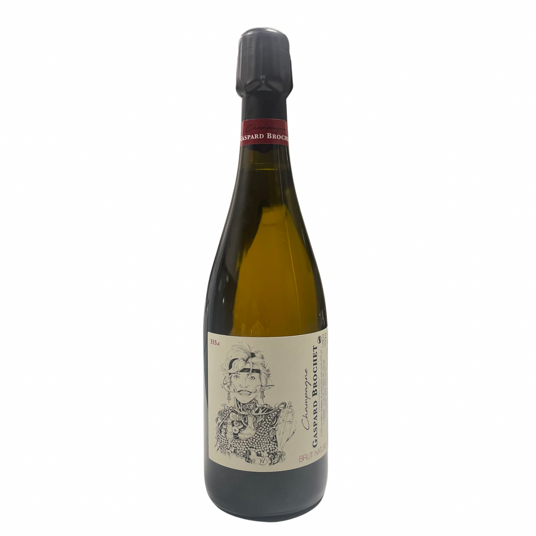 Bottiglia di Champagne Gaspard Brochet 333.C, spumante Brut Nature della Montagne de Reims.