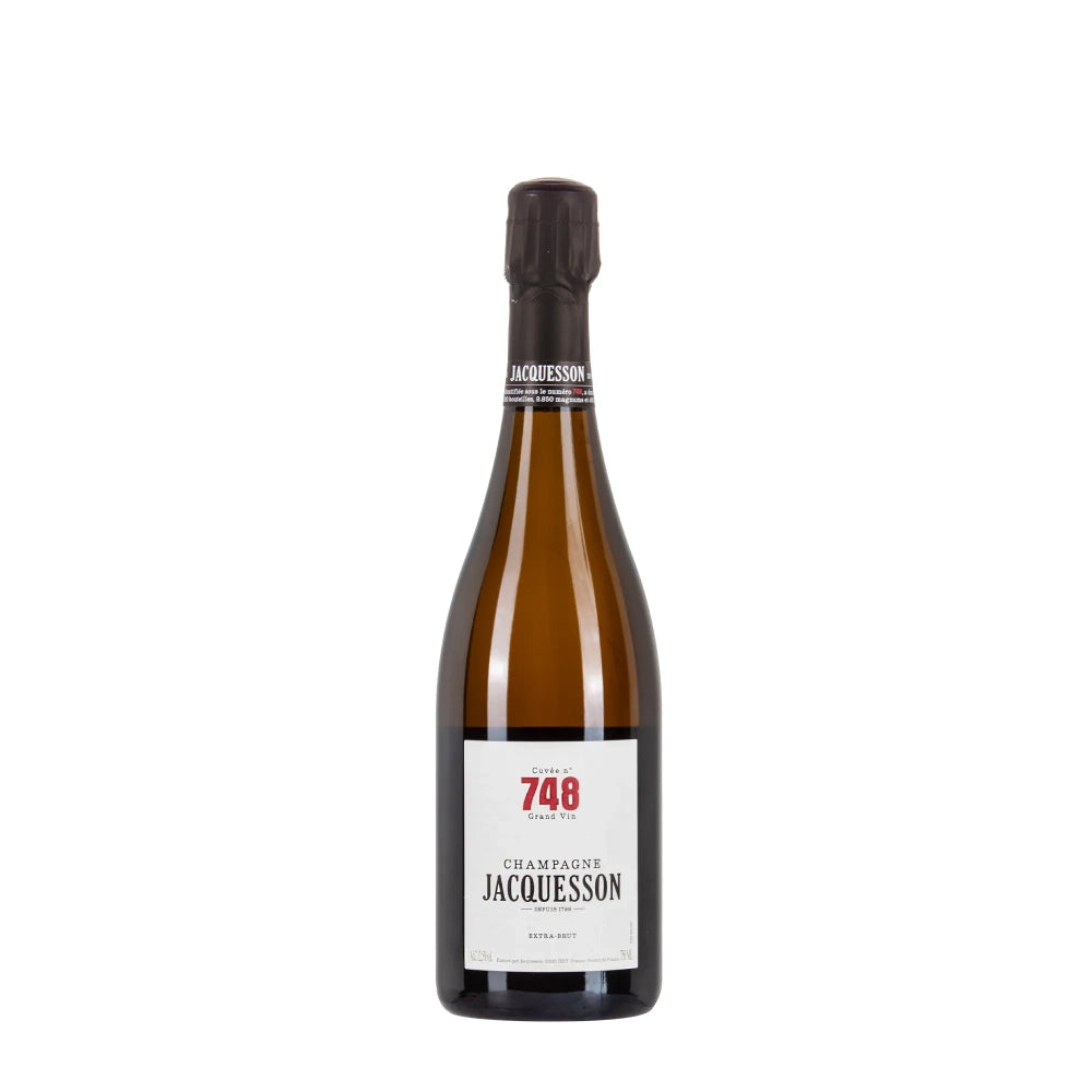 Bottiglia di Champagne Jacquesson Cuvée 748 da 75 cl, da viticoltura sostenibile.