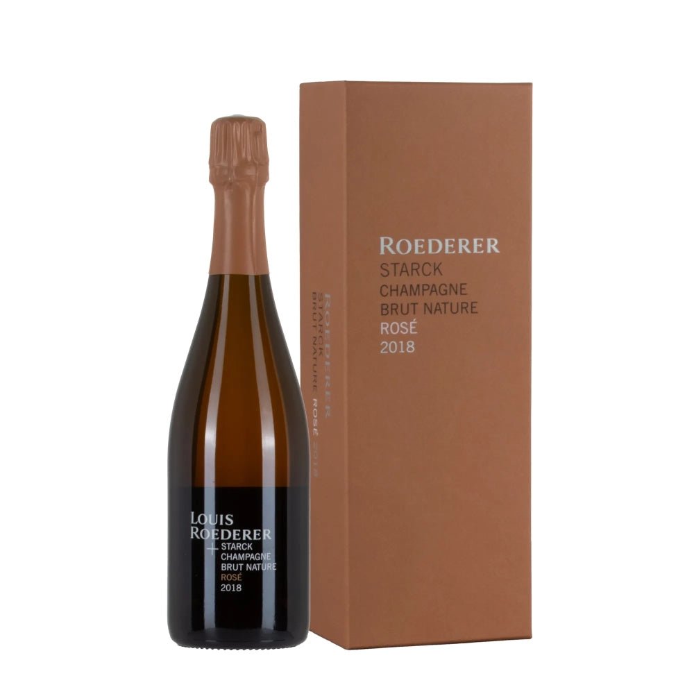 Bottiglia di Champagne Louis Roederer Starck Brut Nature 2018 Rosè con il suo elegante astuccio regalo