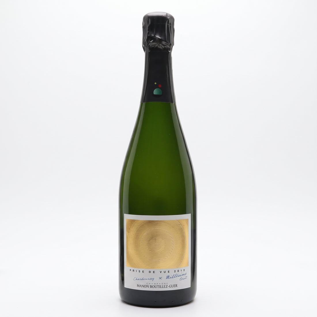 Bottiglia di Champagne Premier Cru Manon Boutillez Guer Prise de Vue 2012, spumante Chardonnay francese.