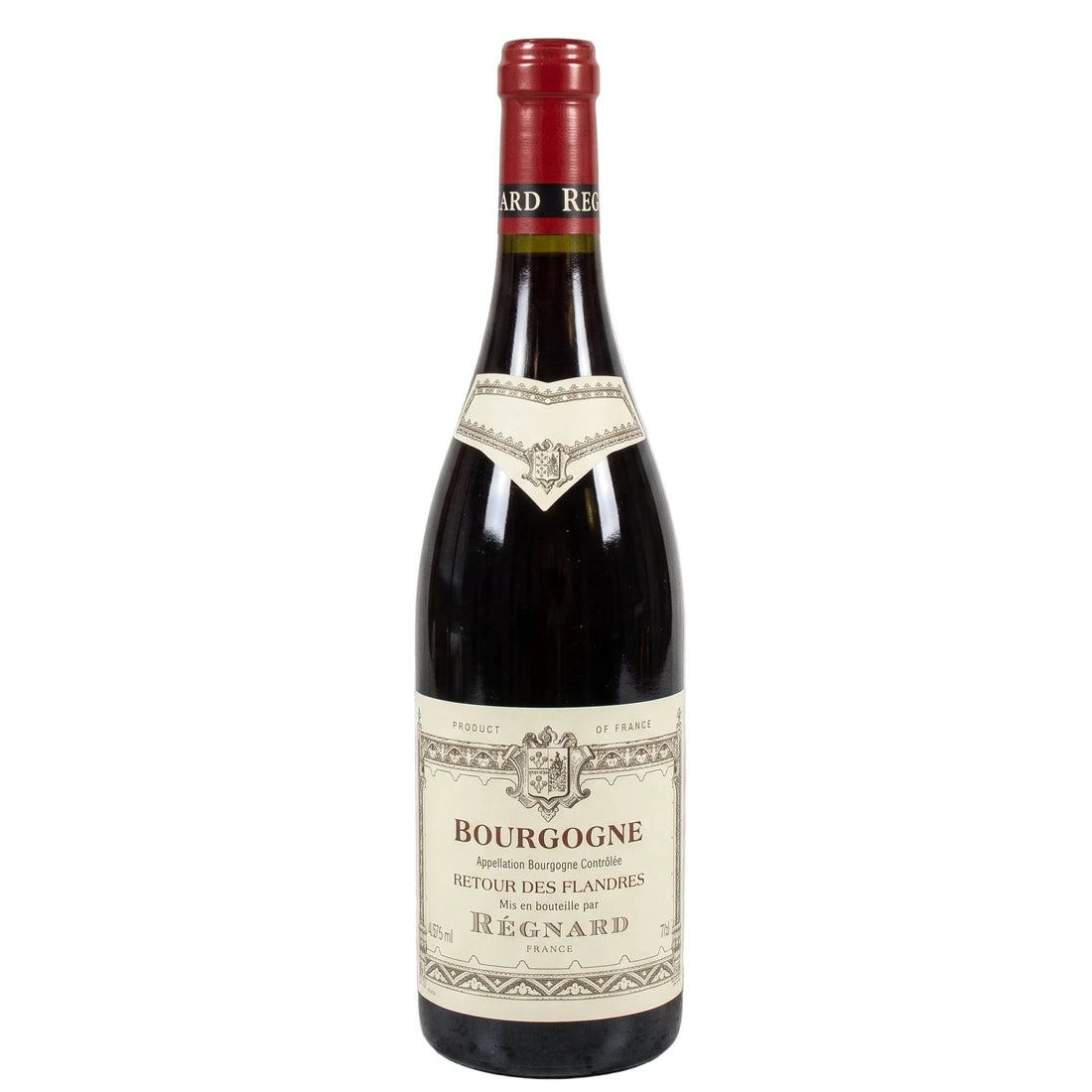 Bottiglia di vino rosso Régnard Bourgogne Rouge Retour des Flandres 2023 in primo piano