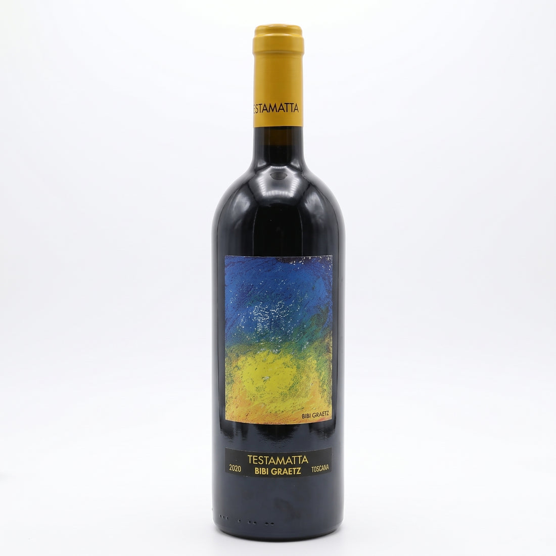 Bottiglia di vino rosso Testamatta Rosso Bibi Graetz 2020 in primo piano su sfondo bianco