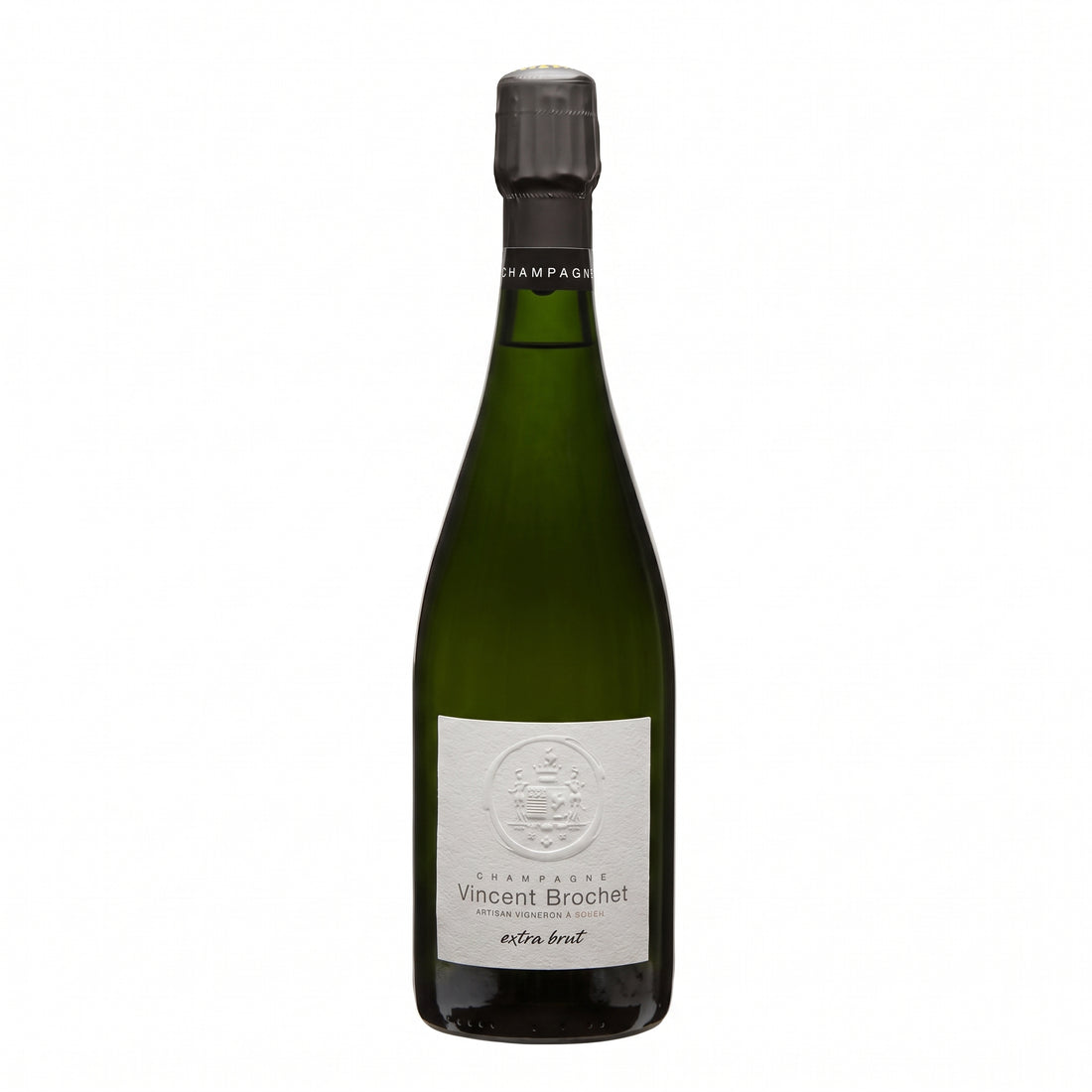 Bottiglia di Champagne Vincent Brochet Extra Brut in primo piano, spumante di tipo bollicine.
