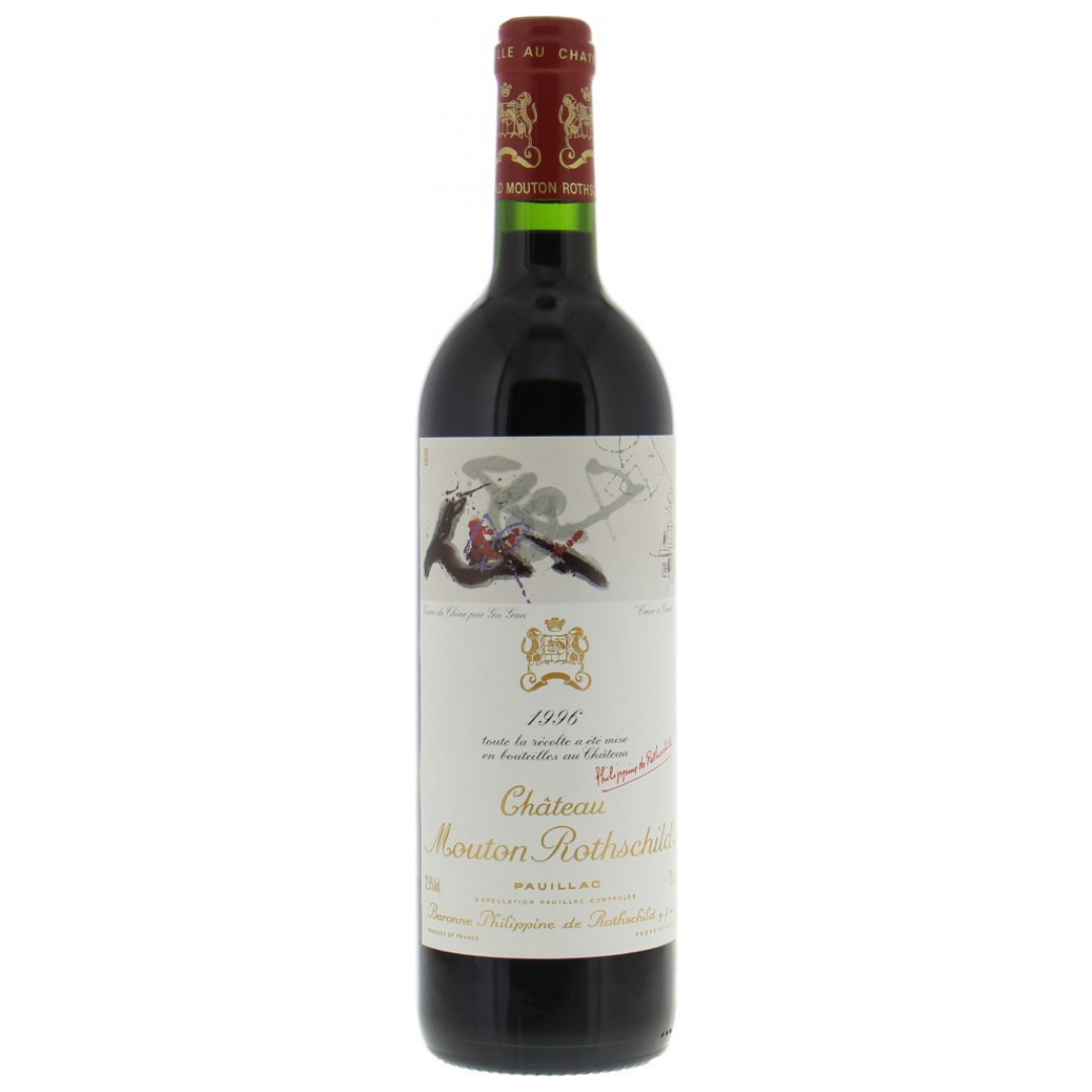 Bottiglia di Chateau Mouton Rothschild 1996 Pauillac, pregiato vino rosso Bordeaux da 75 cl.